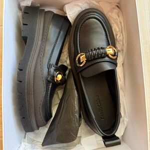 NIB See By Chloe Lyla Black Leather Loafers with Gold Accent 38 7.5